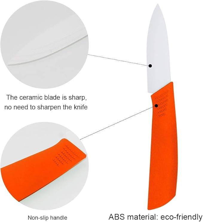 5-Pieces Ceramic Knife Set,Sharp Ceramic Knife with Block Stand,Steak Knife,Orange Kitchen Knives With Anti-Slip handle,Includes 6"Chef Knife,5"Utility Knife,4"Vegetable Knife,3"Bread Knife,1''Peeler