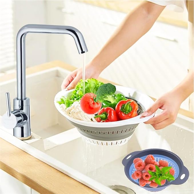 Collapsible Colander Set, Square Round Triangles Silicone Kitchen Strainer Perfect for Draining Pasta Vegetable fruit 2 PCS (Gray&Blue, 12"L x 9.5"W x 2.3"H)
