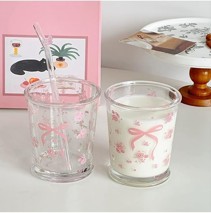 Set of 2 12 OZ Floral Drinking Glasses French Glass Coffee Cup Cute Bow Flower Glass Cups for Iced Coffee,Tea,Juice,Milk,Latte,Dessert,Stackable Glassware Drinkware Set(pink floral)
