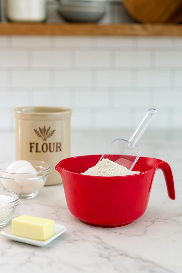 Set of 2 Red Plastic Mixing Bowls with HandleS Pour Spout and Non-Slip Base - Dishwasher Safe Cooking Baking Kitchen Supplies, 2.5 qt.