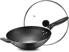 Carbon Steel Wok, Woks and Stir Fry Pans with Handle and Lid, Flat Bottom Chinese Stir Fry Wok, for Electric,Induction and Gas Stoves,Iron