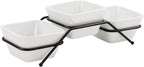 Buyajuju 3 pcs square bowl Porcelain Chip & Dip Serving Set with Black Metal Stand, 4.5inch White Small Serving Bowls for Side Dishes, Salsa, Appetizer, Serving Dishes for Entertaining 11.5 OZ