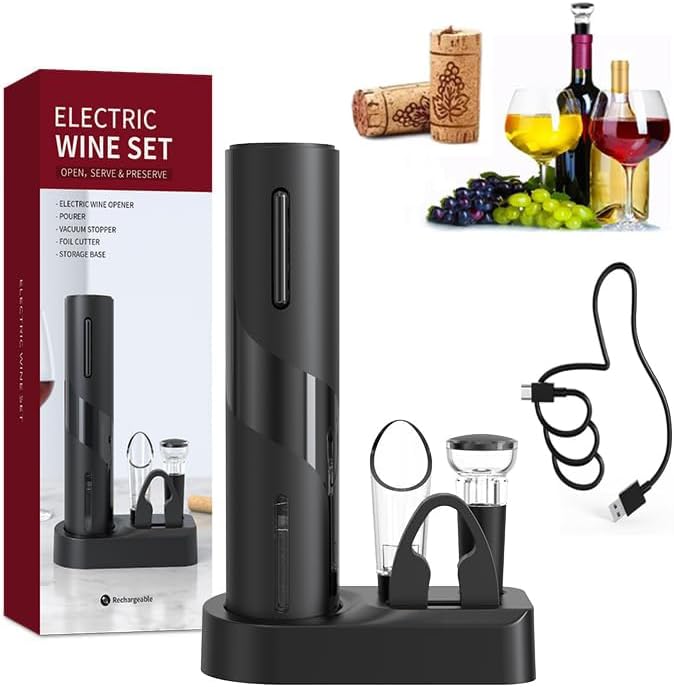 Electric Wine Bottle Opener Rechargeable Wine Corkscrew Opener Gift Set with Foil Cutter, Wine Aerator Pourer and Vacuum Wine StopperIdeal Present for Party, and Home Entertaining.(BLACK)