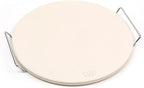 Cuzi Gourmet 4-Piece Large Pizza Stone Set - 13" Thermal Shock Resistant Cordierite Pizza Stone with Handle Rack, 19" Natural Bamboo Pizza Peel & Pizza Cutter - Large Baking Stone for Grill and Oven