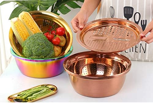 3PC/Set Colander set Stainless Steel Vegetable Slicer Fruit Potato Peeler Carrot Grater Strainer Utensil Round Rice Washer Bowl Drain Basket-Red