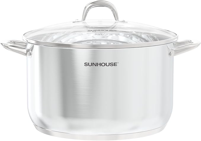 SUNHOUSE Stainless Steel Stock Pot - 16 Quart Heavy-Duty Induction Cooking Pot with Visible Lid for Pasta, Soup, Spaghetti - Nonstick Thick-Bottom Deep Stockpot for Canning, Boiling, and Simmering