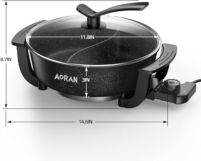AORAN 6L Electric Hot Pot, Non-Stick Smokeless Cooking Pot with Divider for Hot Pot, Fondue, Shabu Shabu, Multi-Function, Includes Ladle, Tongs, Oil Brush, Food Tongs, Easy to Clean Black