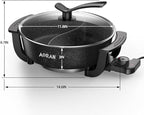 AORAN 6L Electric Hot Pot, Non-Stick Smokeless Cooking Pot with Divider for Hot Pot, Fondue, Shabu Shabu, Multi-Function, Includes Ladle, Tongs, Oil Brush, Food Tongs, Easy to Clean Black