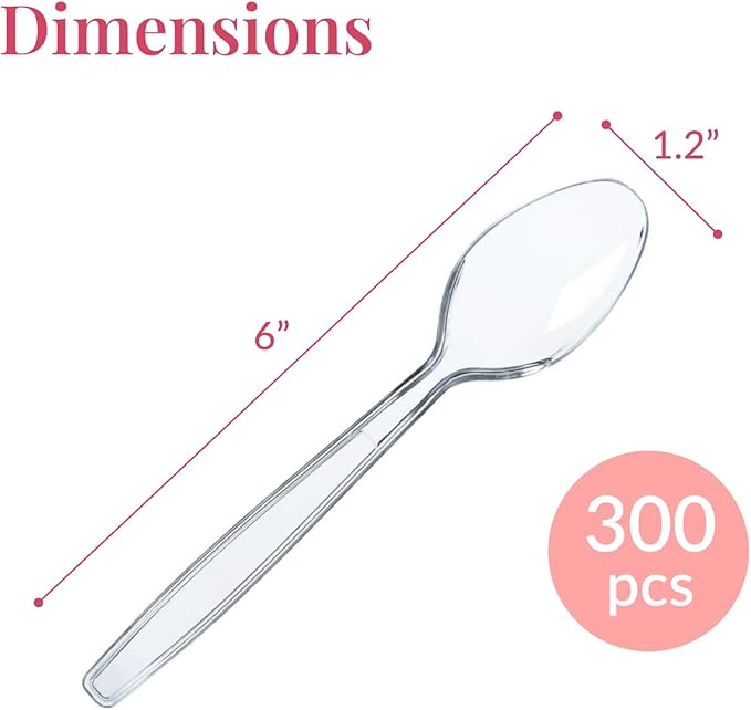 Prestee 300 Plastic Spoons Bulk - 6-Inch Heavy Duty Disposable Silverware and Plastic Utensils Set - Durable Clear Cutlery for Hot and Cold Food - Strong Spoon Flatware for Parties and Events