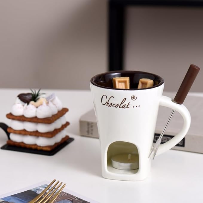 Fondue Mugs,Fondue Cup,Heat Resistant Ceramic Mini Fondue Set with Forks - Reusable Chocolate Melting Cup for Desserts, Date Nights & Parties (BLACK)