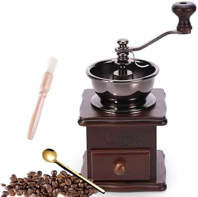 Wooden Manual Coffee Grinder Vintage Style Hand Coffee Mill Burr Coffee Grinder with Ceramic Hand Crank,Wooden Manual Coffee Grinder Cleaning Brush (Dark Brown Upgraded Version)