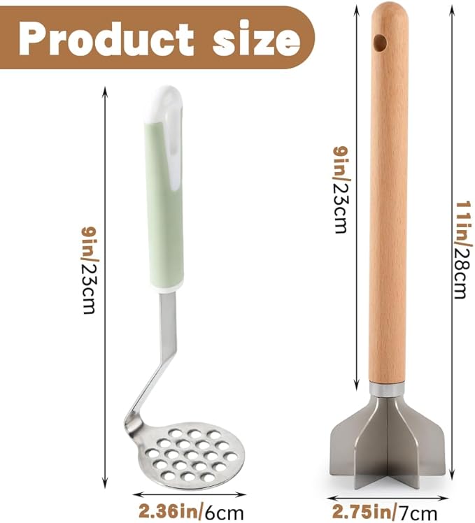 Stainless Steel Meat Chopper Masher with Potato Masher, 6 Blade Ground Beef Chopper Hamburger Smasher Tool with Wooden Handle, Kitchen Tool for Vegetables, Fruits, Beans, Meat
