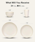Quatish 24 Piece Plates and Bowls Sets for 6, Unbreakable Dinnerware Sets, Dish Set for Camping, Dishwasher Microwave Safe, Outdoor Kitchen and Apartment Dinning RV Essentials, Beige