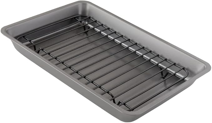 Chef Pomodoro Nonstick Carbon Steel Small Roasting Pan with Rack, Roasting Pan for Countertop Oven Baking, Single Serving, Grey (Mini)