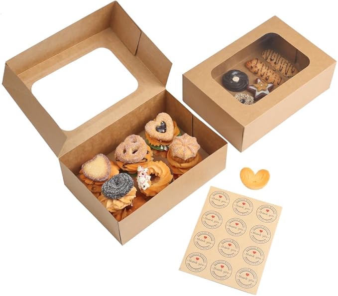 24 Pcs Cookie Boxes with Window for Paper Gift Giving Brown Bakery Gift Boxes 9 x 6.3 x 3 Inch, Easy Estate Holiday Packaging for Cookie, Cupcaked, Donuts & Pastries