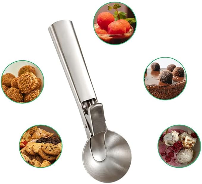 Ice Cream Scoop, 2Pcs Stainless Steel Silver Cookie Scoop with Trigger Melon Baller Scooper Cones, Specialty Tools and Gadgets, Ice Cream Spoon Food Scoop for Frozen Yogurt Sundaes Fruit Cookie