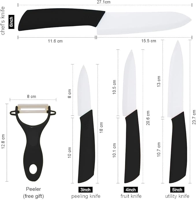 5-Pieces Ceramic Knife Set,Sharp Ceramic Knife with Block Stand,Steak Knife,Black Kitchen Knives With Anti-Slip handle,Includes 6"Chef Knife,5"Utility Knife,4"Vegetable Knife,3"Bread Knife,1"Peeler