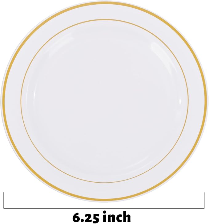 bUCLA 200PCS Gold Plastic Plates - 6.25inch White with Gold Trim Disposable Salad/Dessert/Appetizer/Small Cake Plates, Ideal for Wedding & Party