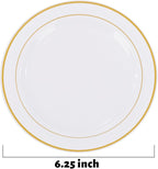 bUCLA 200PCS Gold Plastic Plates - 6.25inch White with Gold Trim Disposable Salad/Dessert/Appetizer/Small Cake Plates, Ideal for Wedding & Party