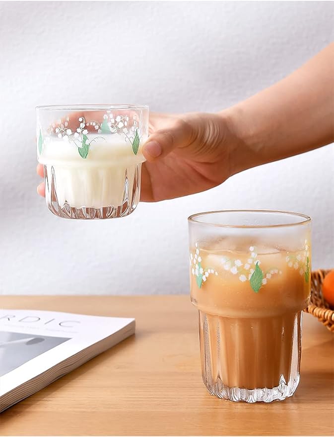 Set of 2 Floral Drinking Glasses Flower Glass Coffee Cups Cute Lily of the Valley Glass Cups for Juice,Iced Coffee,Milk,Tea,Dessert,Latte,Stackable Flower Glassware Drinkware Set(green)