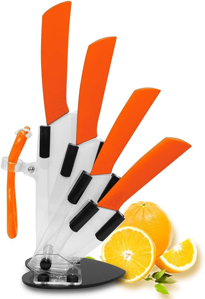 5-Pieces Ceramic Knife Set,Sharp Ceramic Knife with Block Stand,Steak Knife,Orange Kitchen Knives With Anti-Slip handle,Includes 6"Chef Knife,5"Utility Knife,4"Vegetable Knife,3"Bread Knife,1''Peeler