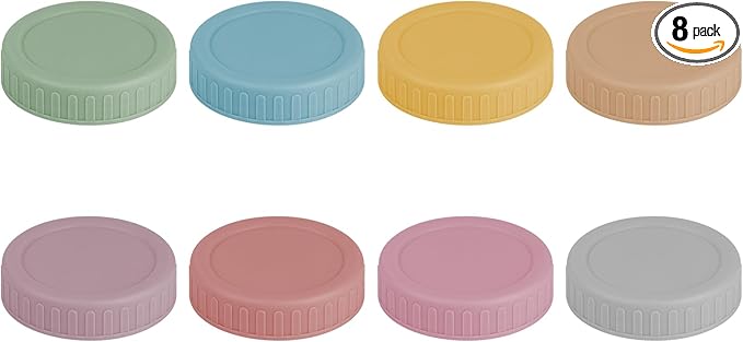 Vaincre 8PCS Mason Jar Lids - Colored Plastic Mason Lids Regular Mouth, Leak Proof Canning Covers with Silicone Rings for Ball, Kerr and More, Reusable Can Tops Caps Covers for Jars
