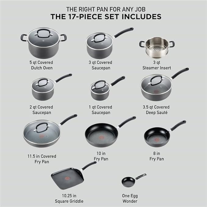T-Fal Ultimate Hard Anodized Nonstick Pots and Pans Set 17 Piece, Nonstick Cookware Set with Fry Pan, Saucepans, Saute-Pan, Griddle, Dishwasher Safe, Onyx