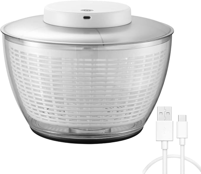 Electric Salad Spinner,4.5L Type-C Rechargeable Lettuce Spinner Automatic Salad Rotator Lettuce Washer and Spinner Dryer for Salad Greens, Lettuce, Fruits and Vegetables (White)