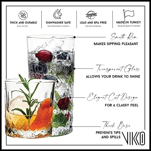 Vikko Rock and Tumbler Set, 12 Piece Set of Elegant Glasses, 6 Tall 12.25 Ounce Glasses and 6 Short 11.25 ounce Whiskey Glasses