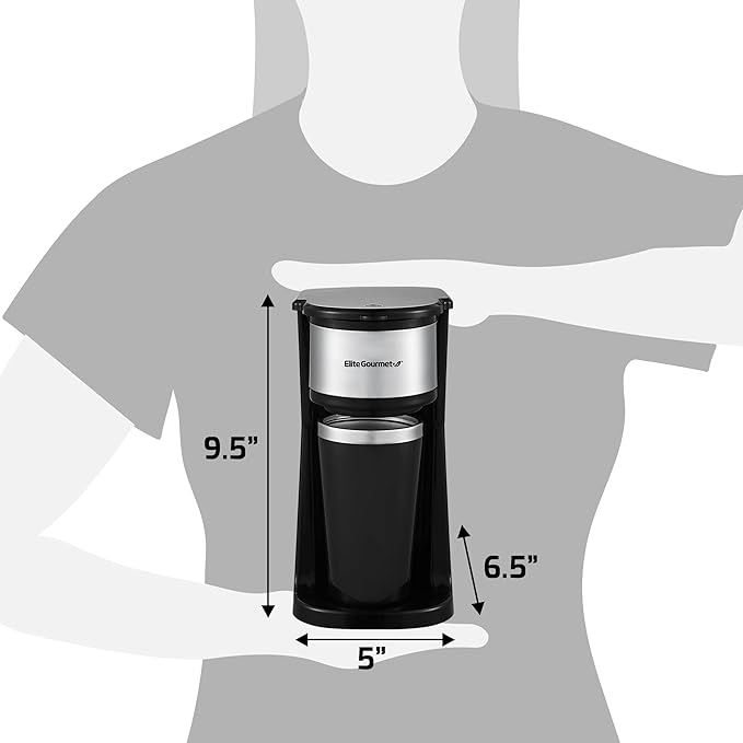 Elite Gourmet EHC-112B Personal Single-Serve Compact Coffee Maker Brewer Includes 14Oz. Thermal Travel Mug with Stainless Steel Interior, Compatible with Coffee Grounds, Reusable Filter, Black