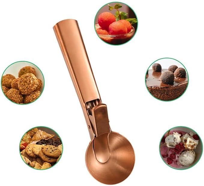 Ice Cream Scoop, 2Pcs Stainless Steel Rose Gold Cookie Scoop with Trigger Melon Baller Scooper Cones, Specialty Tools and Gadgets, Ice Cream Spoon Food Scoop for Frozen Yogurt Sundaes Fruit Cookie