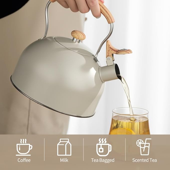 Stove Top Kettle, 2.5 Quart Whistling Kettle for Gas Hob with Wood Pattern Handle Loud Whistle Food Grade Stainless Steel, Anti-Hot Handle and Anti-Rust, Suitable for All Heat Sources