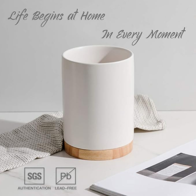 Sweejar Kitchen Utensil Holder with Wooden Bottom, 6.7" Ceramic Utensil Crock to Hold Spatulas for Cooking Countertop, Housewarming, Wedding, Birthday Gift (White)