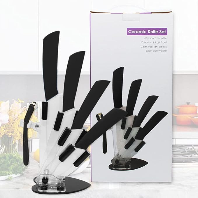 5-Pieces Ceramic Knife Set,Sharp Ceramic Knife with Block Stand,Steak Knife,Black Kitchen Knives With Anti-Slip handle,Includes 6"Chef Knife,5"Utility Knife,4"Vegetable Knife,3"Bread Knife,1"Peeler