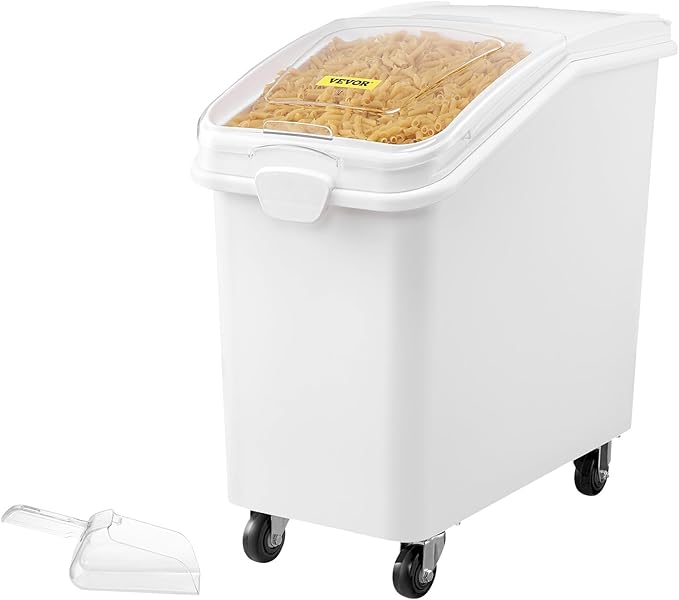 VEVOR 27 Gallon food storage containers 500 Cup Ingredient Bin with Scoop and Sliding Lid Commercial Food Container Ideal for rice storage, dog food container, flour, and sugar containers, White