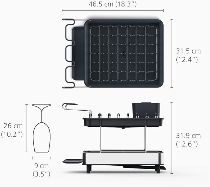 Joseph Joseph Dish Drying Rack with Wine Glass Holder - Space-Saving 2-Tier Design with Fast Draining System