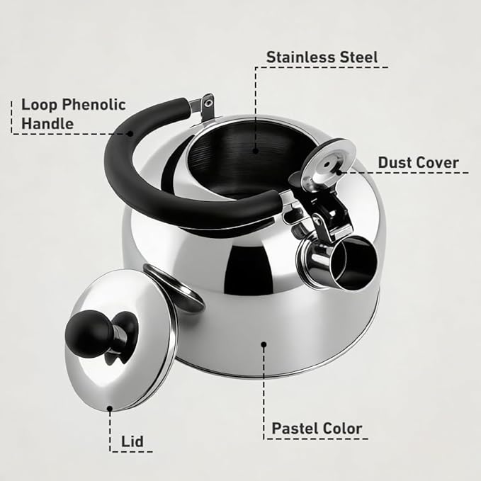 Lily's Home 2 Quart Whistling Tea Kettle, Stainless Steel Stovetop Kettle for Gas & Induction Tops, Classic Whistle Spout, Cool-Touch Handle for Safe Pouring - Perfect for Home, Kitchen, Dorm