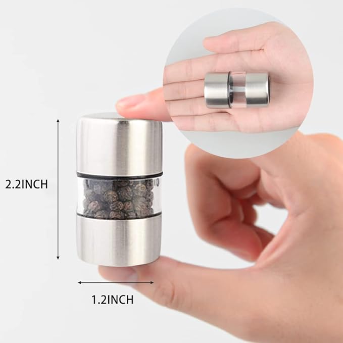 T-mark Premium Sea Salt and Pepper Grinder Set - Spice Mill with Brushed Stainless Steel, Small Portable Ceramic Salt & Pepper Shakers (2-Pack)
