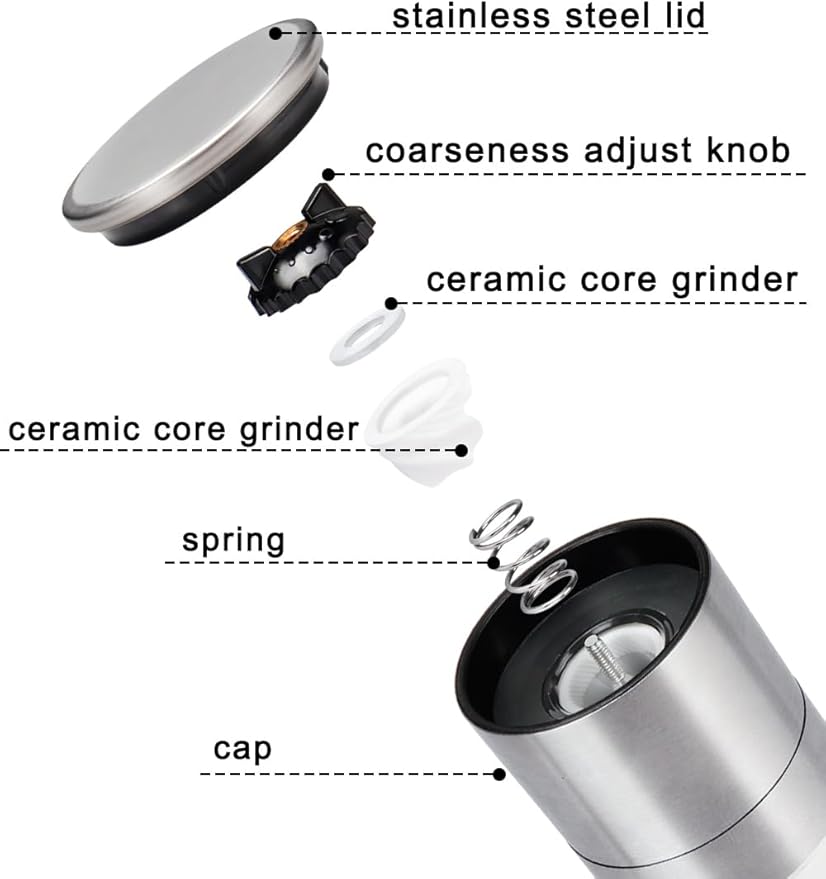 Gulex® Salt Grinder Pepper Mill, Refillable, Adjustable Coarseness Black Pepper Grinder, Stainless Steel Sea Salt Shaker with Ceramic Rotor(Seasoning not included)