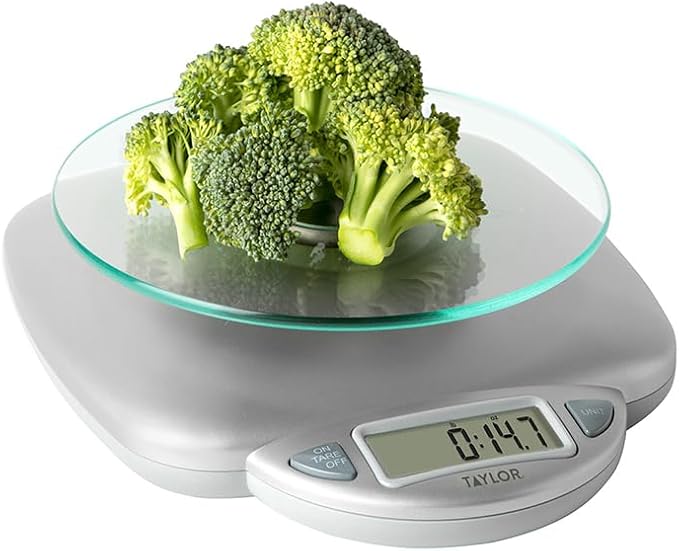 Taylor 11LB Capacity Digital Glass Top Kitchen Scale with LCD Display, Weight in Grams and Ounces for Baking, Cooking, and Meal Prep, Silver