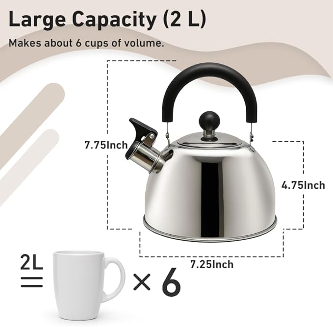 Lily's Home 2 Quart Whistling Tea Kettle, Stainless Steel Stovetop Kettle for Gas & Induction Tops, Classic Whistle Spout, Cool-Touch Handle for Safe Pouring - Perfect for Home, Kitchen, Dorm
