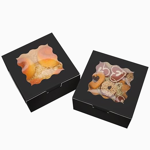 Bakepacker 100pcs Black Bakery Boxes with Window 6x6x3 inches Thick & Sturdy Macaroon Pastry Boxes Cookie Boxes for Bakerys