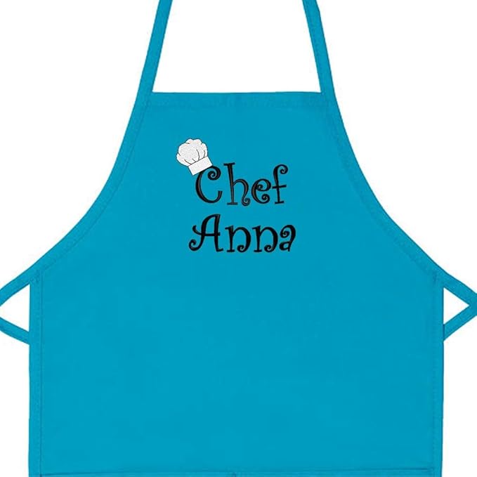 Made in the USA Chef Any Name Child Personalized Embroidered Premium Child Apron for Kids Girls Boys Fun in the Kitchen Gift Turq Long
