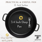 Moss & Stone 12 Inch Nonstick Large Skillet with Lid, 5 Quart Deep Saute Pan, Dishwasher & Oven Safe, Double Handled Frying Pan With Lid, PFOA Free Induction Compatible Cookware