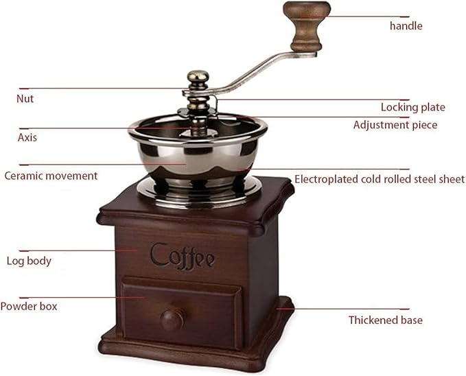 Wooden Manual Coffee Grinder Vintage Style Hand Coffee Mill Burr Coffee Grinder with Ceramic Hand Crank,Wooden Manual Coffee Grinder Cleaning Brush (Dark Brown Upgraded Version)