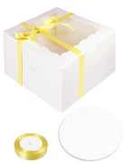 qiqee 8x8x5 Cake Box, 18 Sets White Cake Box with Window ＆ 18 Sets 8" White Cake Round Boards, 8inch Cake Containers, 10 Meters Gold Silk Ribbon