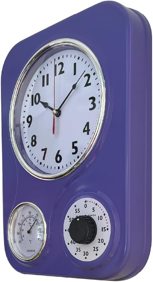 Lily's Home - 9.5 Inch x 12.5 Inch - Retro Kitchen Wall Clock, Vintage Wall Clock with a Thermometer and 60-Minute Timer, Ideal for Any Kitchen, Office, or Diner (Purple)