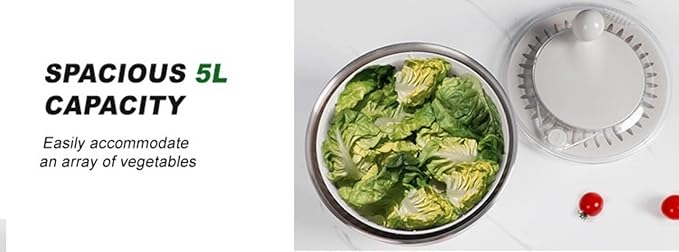 Stainless Steel Salad Spinner, 5L Capacity Vegetable Washer, Lettuce Dryer with Non-Slip Base and Stop Button, 9.65 Inch Diameter Salad Bowl Fruit Washer