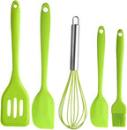 Silicone Baking Utensil Set 5pcs Green Non-stick Kitchen Cooking Tools with Egg Whisk and Scraper for Home Baking and Food Preparation