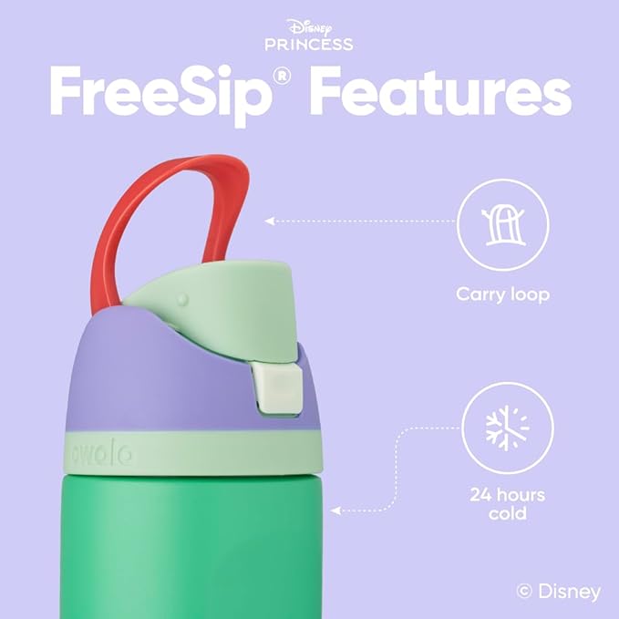 Owala Disney Princess FreeSip Insulated Stainless Steel Water Bottle with Straw for Sports and Travel, BPA-Free Sports Water Bottle, 24 oz, Ariel